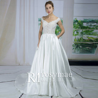 Off Shoulder Floral Lace Satin A-line Wedding Dress with Pocket