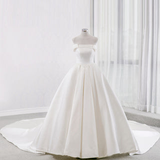 Off the Shoulder Satin Wedding Dress with Puffy Skirt and Big Train