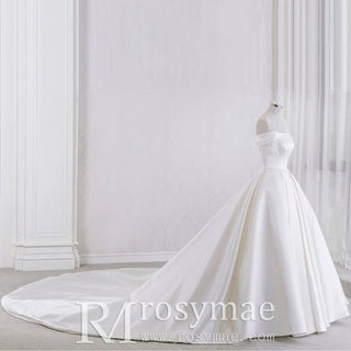 Off the Shoulder Satin Wedding Dress with Puffy Skirt and Big Train