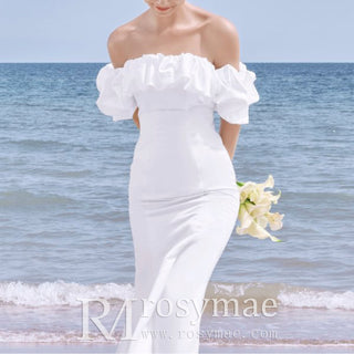 Off Shoulder Straight Neckline Beach Wedding Dress Bridal Gown