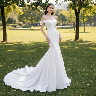 Off-Shoulder Satin Mermaid Wedding Dress Bridal Gown for Bride - Rosymae