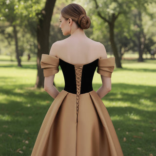 Short Sleeve Off Shoulder Coffee Satin Prom Dress Party Gown Rosymae Short Sleeve Off Shoulder Coffee Satin Prom Dress Party Gown Rosymae