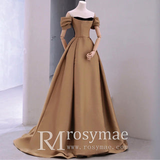 Short Sleeve Off Shoulder Coffee Satin Prom Dress Party Gown