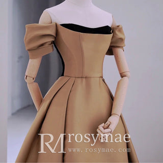 Short Sleeve Off Shoulder Coffee Satin Prom Dress Party Gown