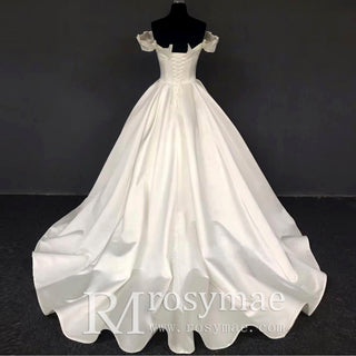 Simple Off the Shoulder Ruched Satin Bridal Gown Wedding Dress