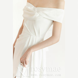 Leg Slit Satin Wedding Dress with Off the Shoulder Sleeve