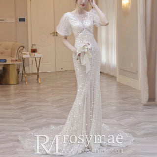 Puffy Half Sleeve Sequined Wedding Dress Formal Gowns for Women