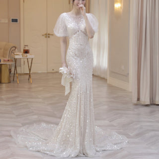 Puffy Half Sleeve Sequined Wedding Dress Formal Gowns for Women