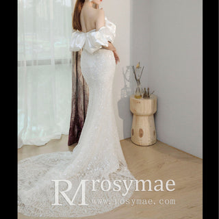 Puff Off Shoulder Sequin Sparkly Mermaid Bridal Wedding Dress