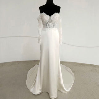 Off Shoulder Long Sleeve Satin Bridal Gowns Wedding Dresses