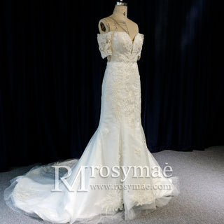 Off Shoulder Short Sleeve Mermaid Wedding Dress With V Neckline - Rosymae