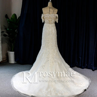 Off Shoulder Short Sleeve Mermaid Wedding Dress With V Neckline - Rosymae