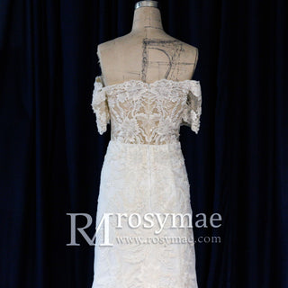 Off Shoulder Short Sleeve Mermaid Wedding Dress With V Neckline - Rosymae