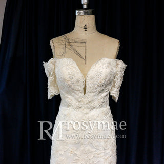 Off Shoulder Short Sleeve Mermaid Wedding Dress With V Neckline - Rosymae