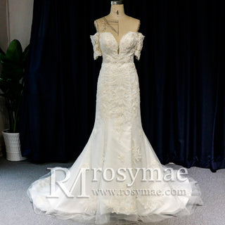 Off Shoulder Short Sleeve Mermaid Wedding Dress With V Neckline - Rosymae