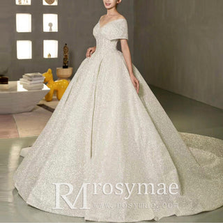 Off Shoulder Puff Skirt Ball Gown Sparkly Bridal Wedding Dress