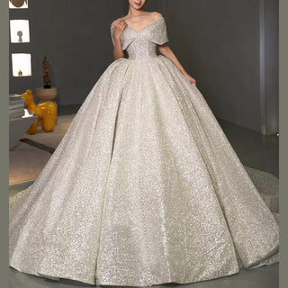 Off Shoulder Puff Skirt Ball Gown Sparkly Bridal Wedding Dress
