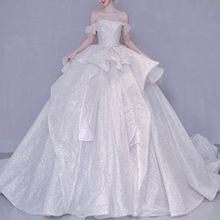 Off Shoulder Sparkly Ballgown Bridal Wedding Dress Long Train