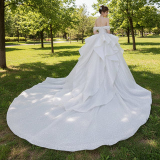 Off Shoulder Sparkly Ballgown Bridal Wedding Dress Long Train - Rosymae