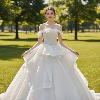 Off Shoulder Sparkly Ballgown Bridal Wedding Dress Long Train - Rosymae