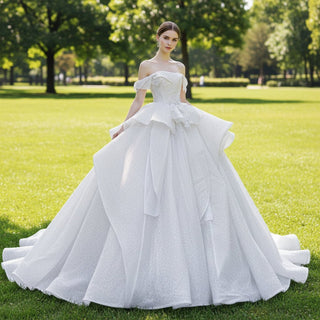 Off Shoulder Sparkly Ballgown Bridal Wedding Dress Long Train - Rosymae
