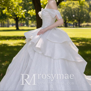 Off Shoulder Sparkly Ballgown Bridal Wedding Dress Long Train - Rosymae