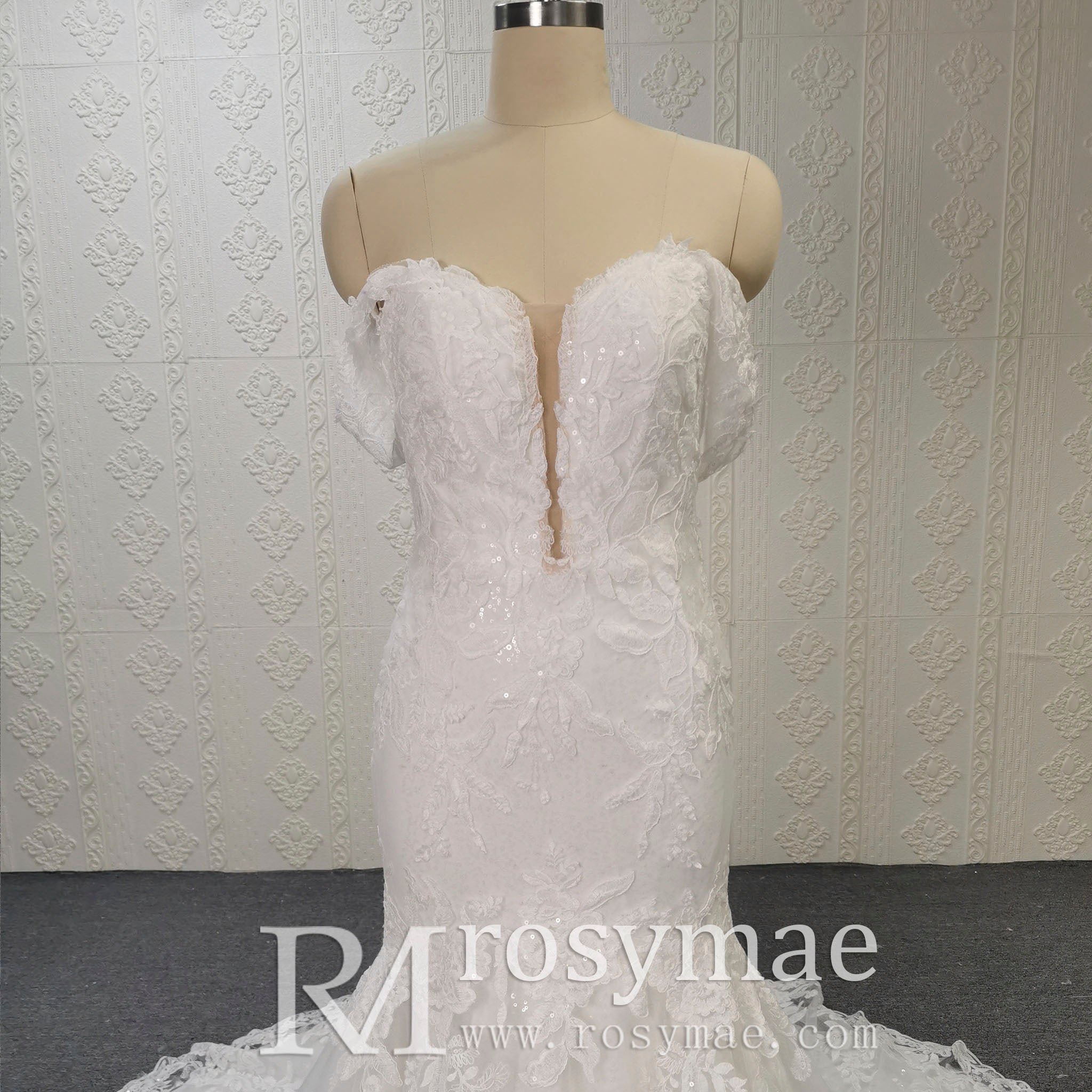 Off Shoulder Sweetheart Lace Trumpet Mermaid Wedding Dresses - Rosymae
