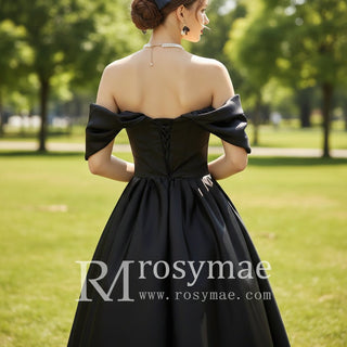 Off Shoulder Tea Length Little Black Wedding Dress Bridal Gown - Rosymae