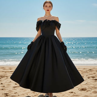 Off Shoulder Tea Length Little Black Wedding Dress Bridal Gown - Rosymae