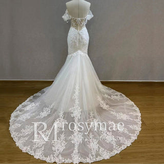 Off Shoulder Trumpet Lace Bridal Gown Wedding Dress Plunging - Rosymae