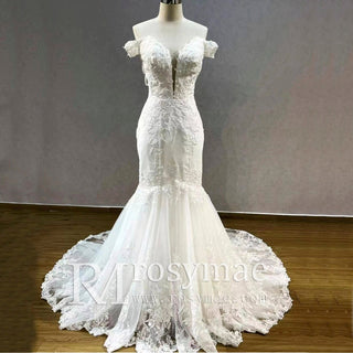 Off Shoulder Trumpet Lace Bridal Gown Wedding Dress Plunging - Rosymae