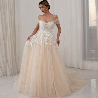 Off Shoulder Floral Lace Ball Gown Bridal Wedding Dress Cathedral Train