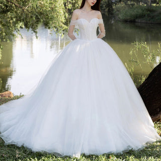Off the Shoulder Ball Gown Tulle Wedding Dress for Outdoor Wedding
