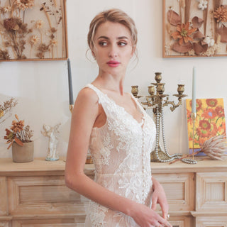 Off Shoulder V-neck Lace Bridal Wedding Dress with Center Slit - Rosymae