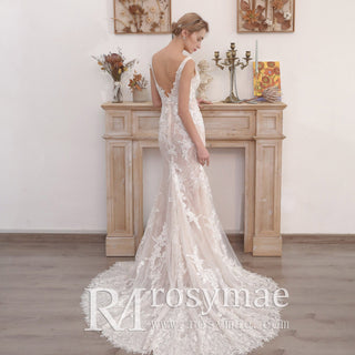Off Shoulder V-neck Lace Bridal Wedding Dress with Center Slit - Rosymae