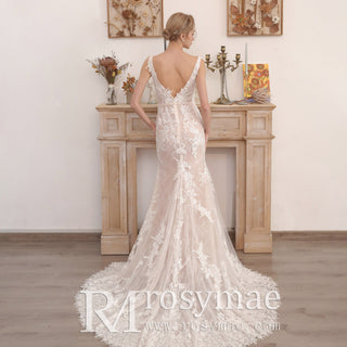 Off Shoulder V-neck Lace Bridal Wedding Dress with Center Slit - Rosymae