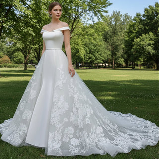 Off Shoulder Wedding Dress Bridal Gown with Convertible Skirt - Rosymae