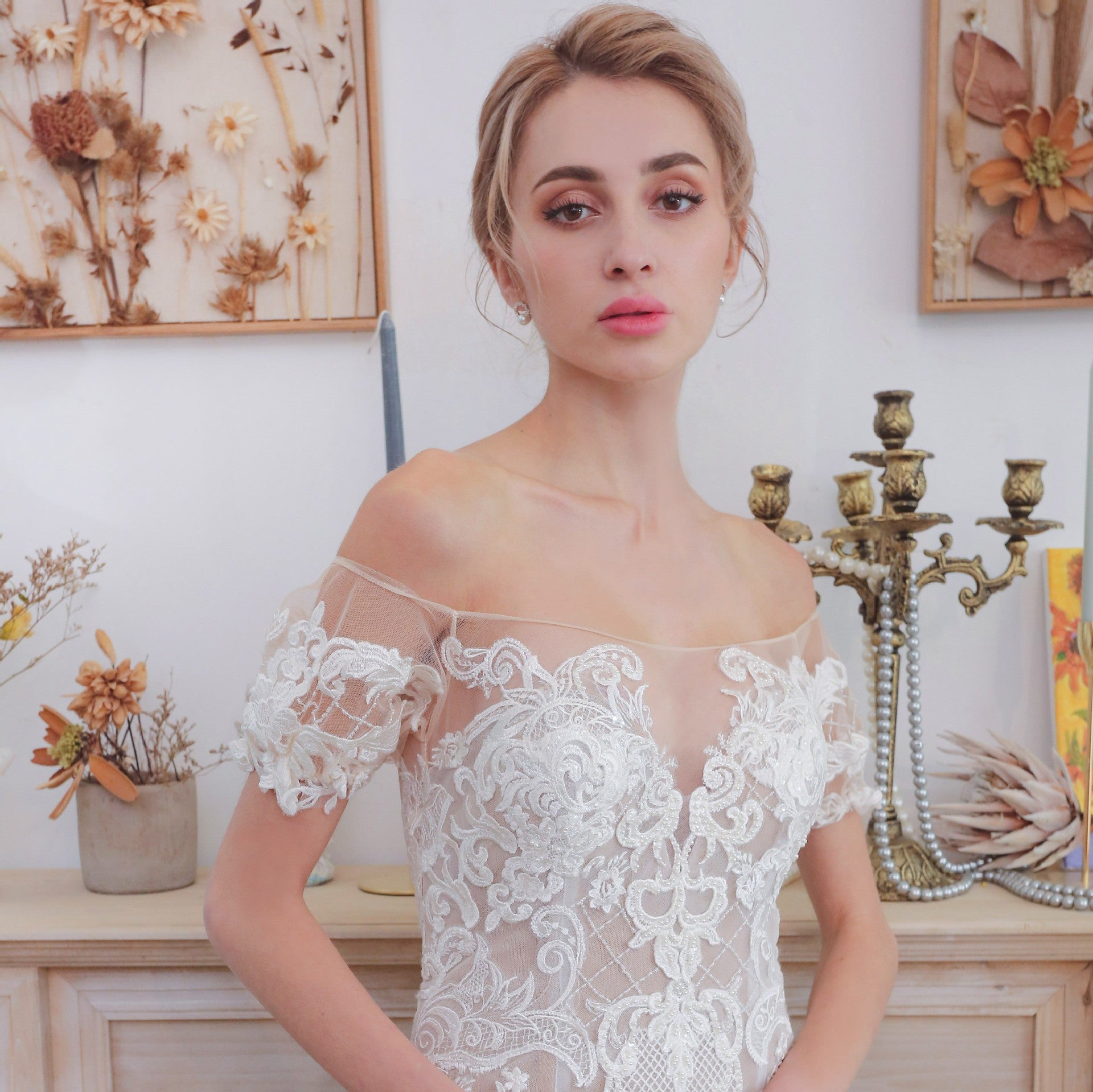 Bohemian Country Style Lace Off-the-shoulder Short Sleeve Wedding Dress