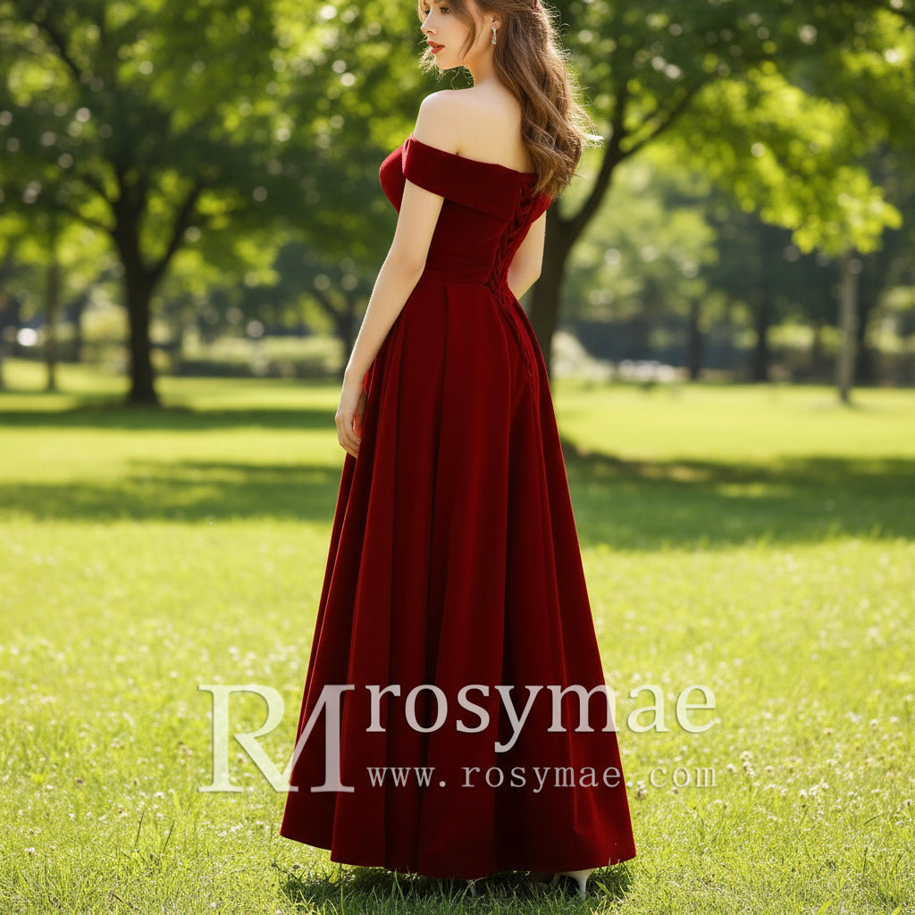 Tea Length Crimson Velvet Formal Dresses & Evening Party Gowns Rosymae Tea Length Crimson Velvet Formal Dresses & Evening Party Gowns Rosymae