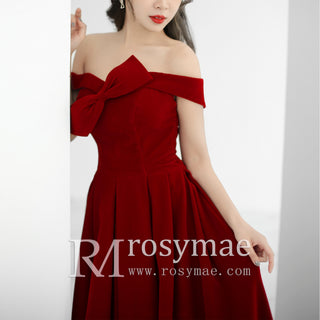 Tea Length Crimson Velvet Formal Dresses & Evening Party Gowns