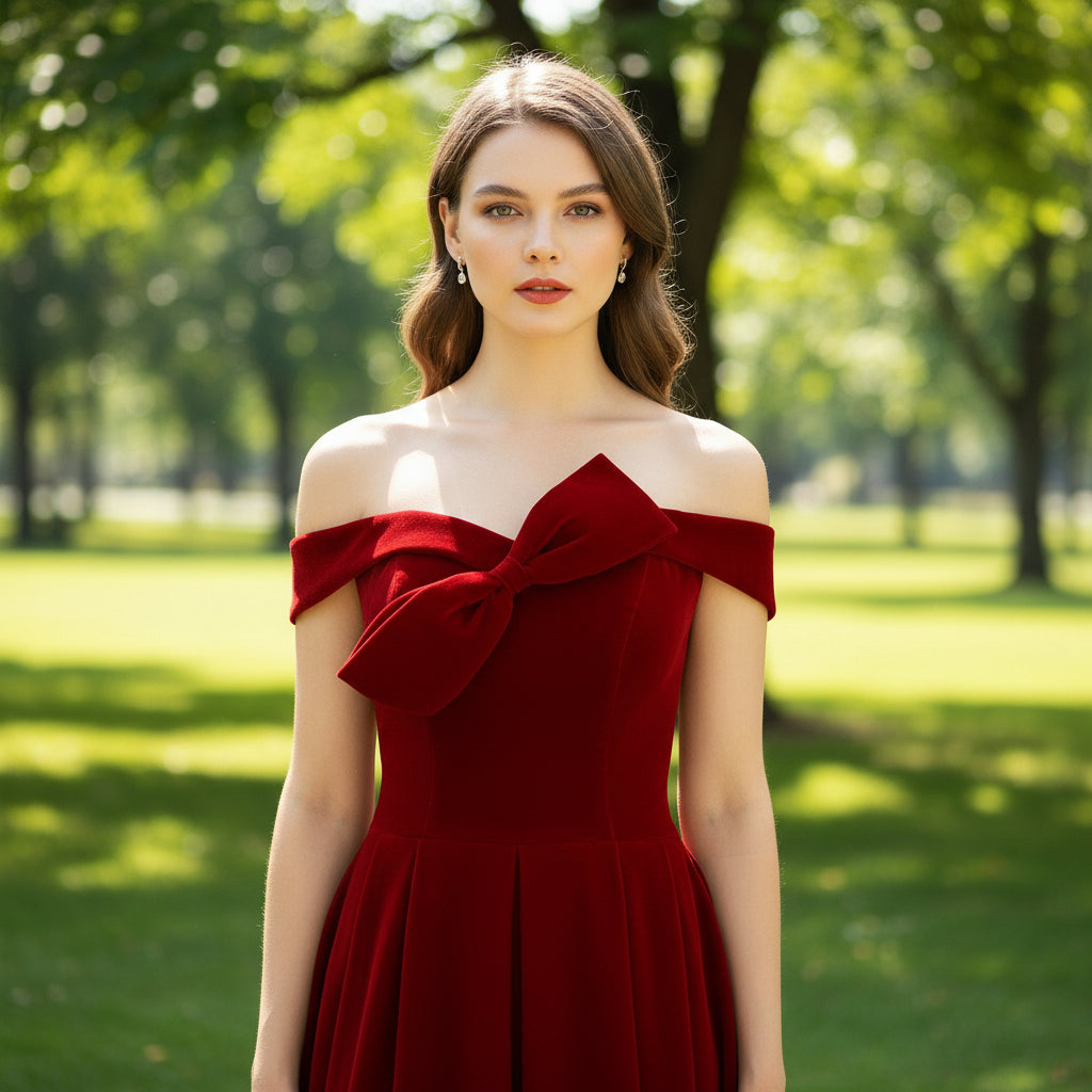 Vestidos formales de terciopelo carmesí hasta el té y vestidos de