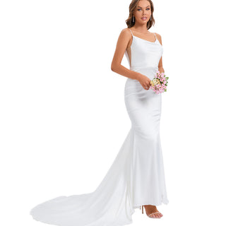 V-Back Stretch Mermaid Sleek Wedding Dress Bridal Gown for Bride