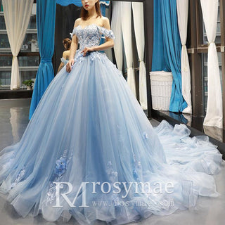 Off the Shoulder 3D Flowers Blue Wedding Dress - Rosymae