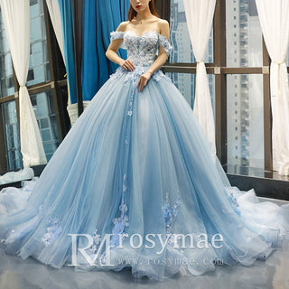 Off the Shoulder 3D Flowers Blue Wedding Dress - Rosymae