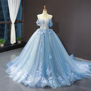 Off the Shoulder 3D Flowers Blue Wedding Dress - Rosymae