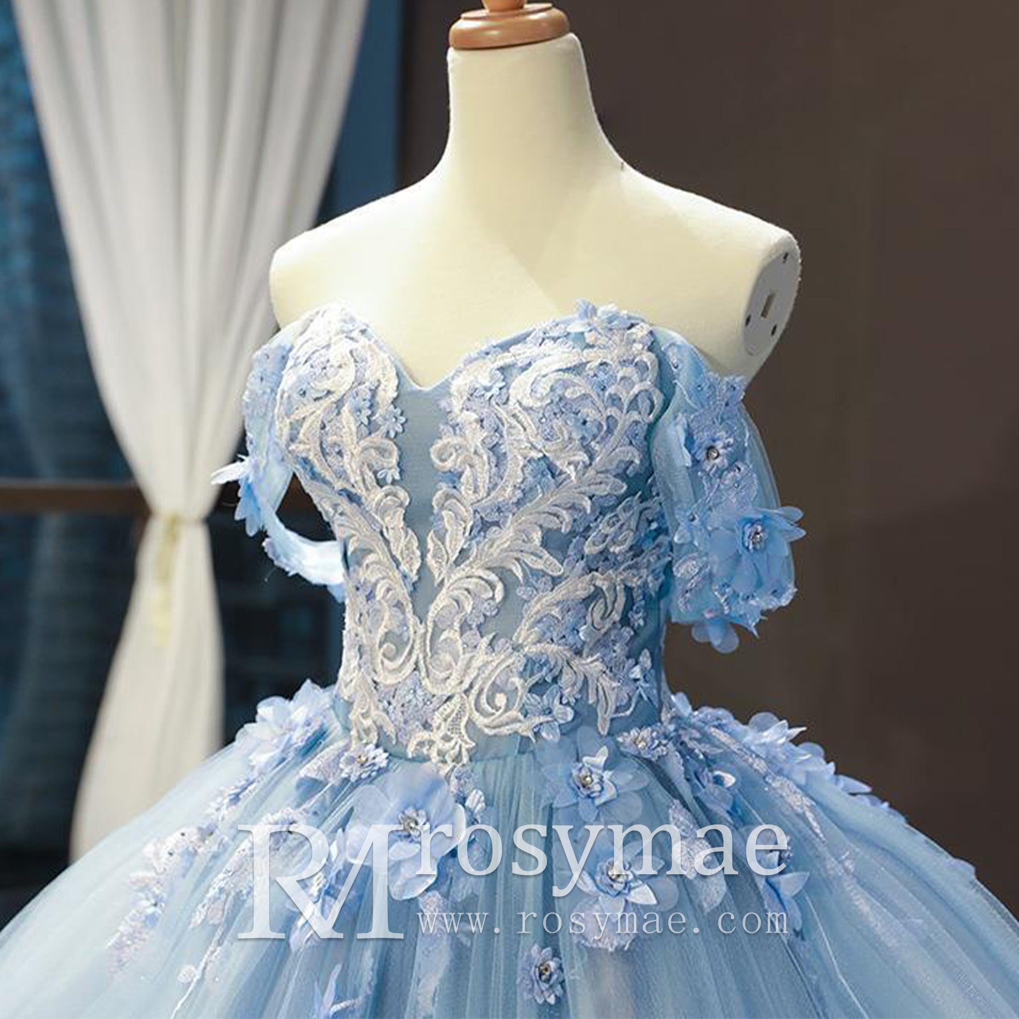 Off the Shoulder 3D Flowers Blue Wedding Dress - Rosymae