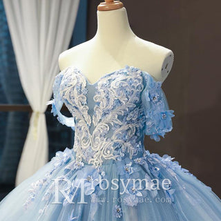 Off the Shoulder 3D Flowers Blue Wedding Dress - Rosymae