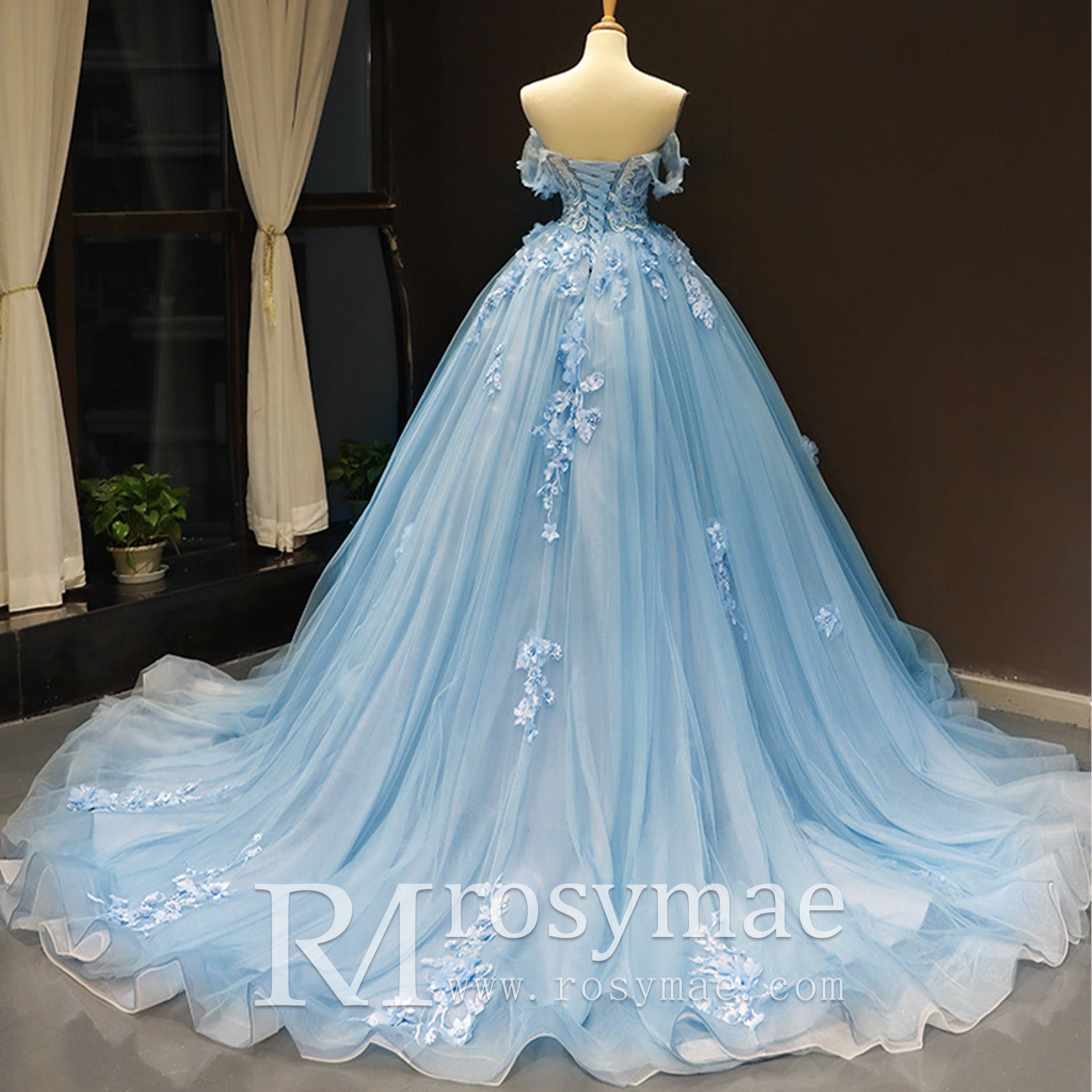 Off the Shoulder 3D Flowers Blue Wedding Dress - Rosymae