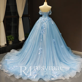Off the Shoulder 3D Flowers Blue Wedding Dress - Rosymae
