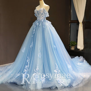 Off the Shoulder 3D Flowers Blue Wedding Dress - Rosymae